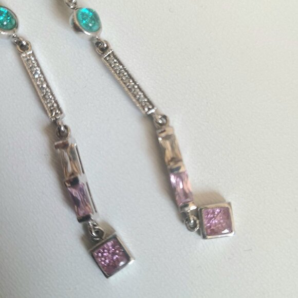 Long dangling sterling silver earrings with pink and green rhinestones. - Picture 5 of 6